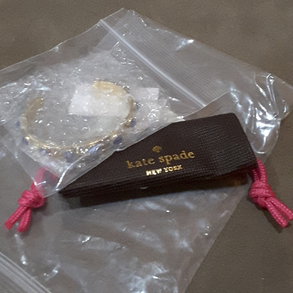 kate spade Gold Tone Tag Along Cuff Bracelet With Blue Inset Round Stones NWT - Picture 6 of 8
